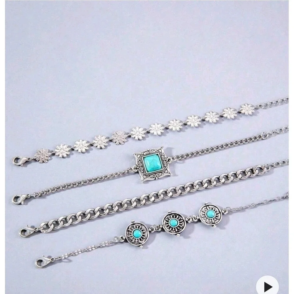 Vintagei Inspired  Boho Turquoise Bracelet Set  4Piece Silver Chain & Charm Pack